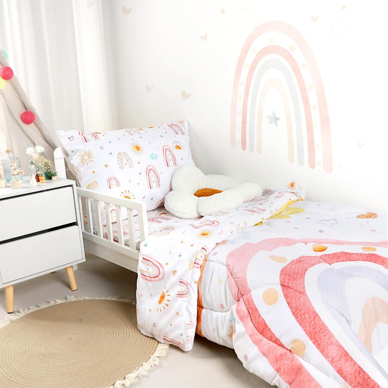 CARUILI Toddler Bedding Set for Girls 4 Piece Pink Rainbow