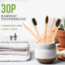 30 PCS Biodegradable Bamboo Toothbrushes, BPA Free Soft Bristles, Eco-Friendly, Compostable Natural Wooden Toothbrush Bulk, Individually Wrapped Bulk Toothbrushes, Reusable Travel Toothbrushes