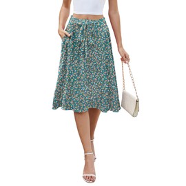 KUOTAI Women's Flowy Skirt Midi Length High Waist A-Line Skirts with Pockets Flared Below The Knee Skirts, Green Flo, Medium
