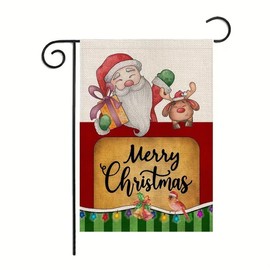 LOUCIDCOZY Merry Christmas Garden Flag, Santa and Reindeer Yard lawn decoration, Christmas gift outdoor small flag, double sided burlap, 12 x 18 inch