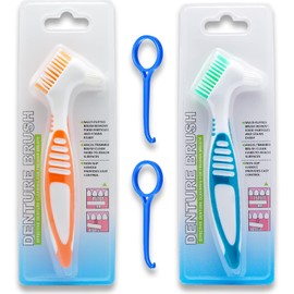 2Pcs Denture Cleaning Care Cleaning Brush Retainer Brush Double Bristle Head Denture Brush False Teeth Brush for Cleaning Retainers Rubber Grips Easy Hold Handle(Orange Green)