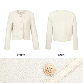 URBAN REVIVO Tweed Casual Blazer Jacket for Women Cropped Crew Open Front Gold Button Blazer Office White, X-Large