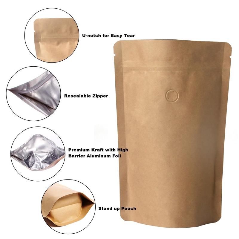 100 Pack Kraft Coffee Bags with Zipper Lock, High Barrier