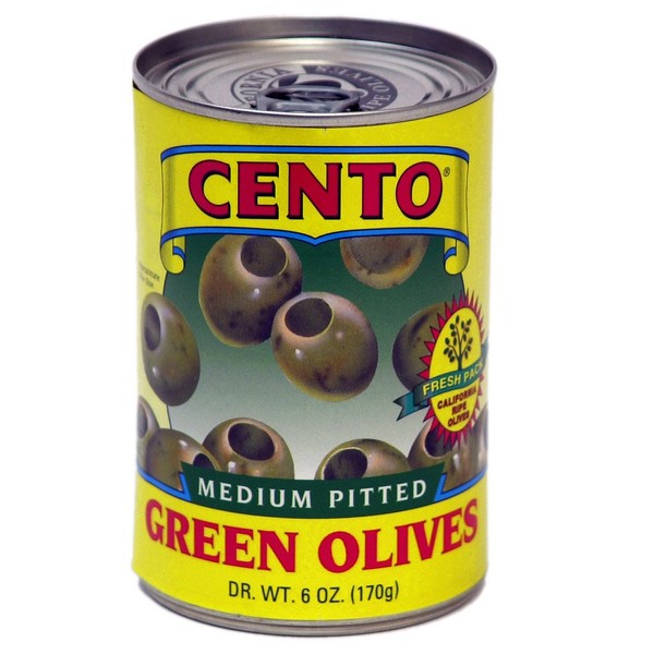 Cento - Medium Pitted Green Olives, (6)- 6oz. Cans