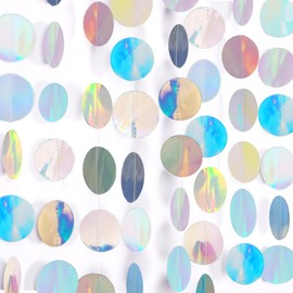 G2PLUS Iridescent Circle Streamer Garland: 16m Holographic Rainbow Hanging Paper Garland, Glitter Paper Circle Dots Streamer for Party Decoration, Bedroom Décor, or Special Events