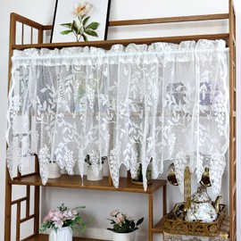 ArtisticHome White Flower Curtain Exquisite Embroidery Valance, Soft and Elegant Net Curtain for Privacy with Rod Pocket 24 inches Drop for Kitchen Window Treatment (145W x 60Drop)