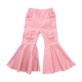 Little Girl Denim Ripped Flare Pants 3T 4T 5T 6T 7T Elastic Waist Hollow Out Trousers Vintage Bell Bottom Pants - Color: Pink, Size: 3-4 Years