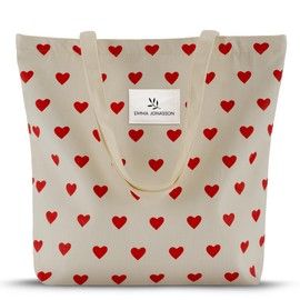 Emma Jonasson Women's Large Shopper Bag with Zip - Jute Bag with Inner Pocket - Esthetic Tote Bag Women - Bags Women's Large Fabric Bag for Shopping Work University School, hearts s