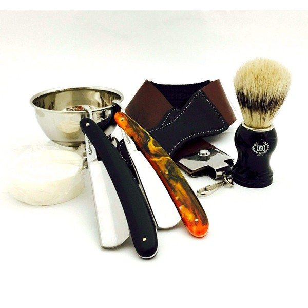 ZEVA Shave Ready Dark Wood Handle Straight Razor Rasoir with Leather Strop/Strap 2 PC Men's Cut Throat Wet Shaving Set KIT in Gift Box