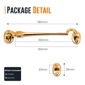 Pack 2 Brass Cabin Hook | 150mm Cabin Door Hook and Eye Latch | Eye Silent Catch Door Latch Holder with Screws | Brass Door Hook Lock for Window, Garden Gate & Door | Outside Door Hook (Brass, 150mm)