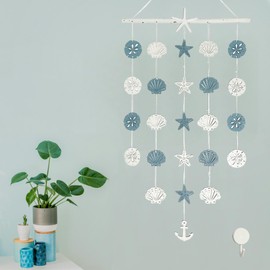 Perfeso.L Beach Coastal Starfish Wall Hanging Decor | Nautical Wall Art with Anchor Seashell, Blue White Rustic Wood Home Decoration for Bathroom, Bedroom, Living Room, Porch, Boho Farmhouse 28"x16"