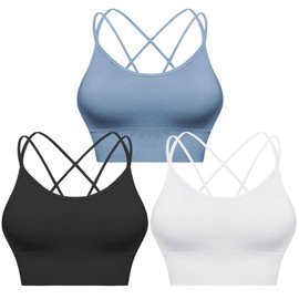Sykooria Sport BH Damen Gepolstert Bustier Damen BH ohne Buegel Spaghettiträger Cross Back Design Push up BH Sport Bra Top für Yoga Fitness, Schwarz+Hellblau+Weiß L