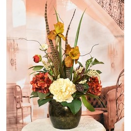 Tall Silk Flower Arrangement in Earthtone Colors with Hydrangeas, Peony, and Foliage in Vase