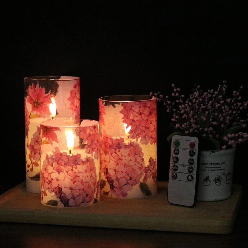 DRomance Pink Hydrangea Glass Flameless Candles with Remote Timer Battery