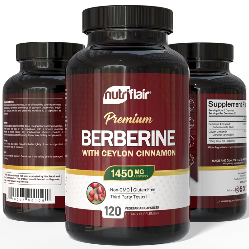 NutriFlair Berberine with Ceylon Cinnamon 1450mg Supplement – 120 Capsules