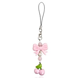 OTETTS Pink Cherry Phone Charms Cute Y2K Pearl Cell Phone Straps Aesthetic Bowknot Summer Pendant Accessories Camera Bag Sweet Decor