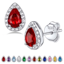 Bestyle 925 Sterling Silver Created Diamond Earrings Teardrop Studs for Women, 5mm January Granet Birthstone Gem Earrings Illuminated by 1mm White Cubic Zirconia