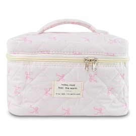GISMTR Makeup Bag, Quilted Bow Cosmetic Bag, Large Travel Aesthetic Make up Bag, Cute Coquette Toiletry Bag for Women Girls, Bow E