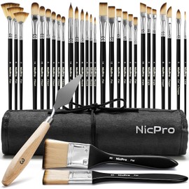 Nicpro 30pcs Paint Brush Set, (Black) Professional Paintbrushes with Paint Spatula and Cloth Roll, Craft Paint Brushes for Acrylic Painting, Oil, Watercolor, Gouache, Art Supplies for Artists Beginner