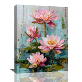 Pink Lotus Wall Art Zen Floral Pond Painting Meditation Peaceful Pictures Spa Room Wall Decor Artwork Framed Decoration For Bathroom Bedroom Living Room Office 12"x16"