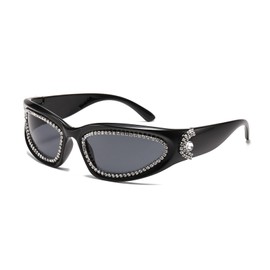 LJCZKA Y2K Wrap Around Rhinestone Sunglasses for Men Women Trendy Diamond Oval Sun Glasses Vintage Bling Punk Shield Shades UV400 Protection (Black Grey)