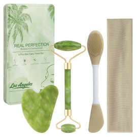 Real Perfection Gua Sha & Jade Roller Facial Tools Face Roller and Gua Sha Set, Scrubber Pore Brush & Headband Skin Care Tools for Travel, Skincare Routine Massaging Reducing Puffiness - Green