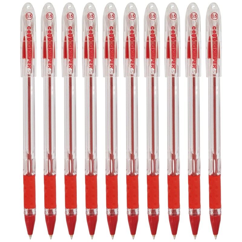 Gripper Ballpoint Pens, RED, Fine Point (0.5mm), Pack of 10,