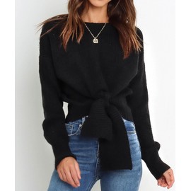 Okiwam Women's Long Sleeve Cropped Sweaters Casual Knit Pullover Tie Front Crew Neck Fall Outfits Fashion Clothes 2025-XL Black