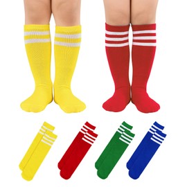 Kids Toddler Soccer Socks Knee High Baseball Softball Socks Stripes Youth Uniform Soccer Socks for Boys Girls 4 Mix-Pack J 3-6 Years