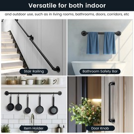 Industrial Pipe Stair Handrail, Wall-Mounted Metal Hand Rail for Indoor & Outdoor Steps, Black Galvanized Iron, Vintage Farmhouse Style, Heavy Duty Support for Stairs & Porch (Black, 2ft)