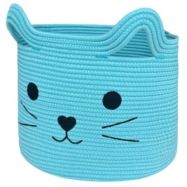 VK VK·LIVING Woven Basket 15"Lx14"H Cotton Rope Toy Basket with Cat Design, Cute Animal Basket Gift Basket Large Cat Toy Basket Baby Laundry Basket for Towels, Blankets, Cute Basket for Cat Toys