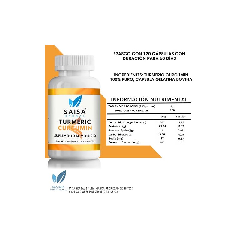 Turmeric Cúrcuma 100% Pura Con 120 Cápsulas Saisa Herbal