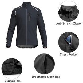 Wulibike Cycling Jackets for Men, Reflective Running Jacket Men Winter Cycling Clothing Full Zip with Pocket Black 2XL