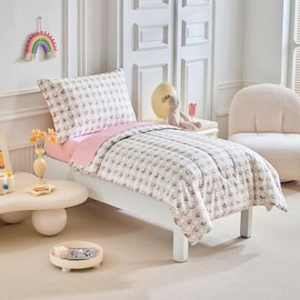 Joyreap 4 Piece Cotton Toddler Bedding Set- Flowers Pink n White Baroque Design Toddler Comforter Set, Includes Quilted Comforter, Fitted Sheet, Top Sheet, and Pillow Case