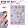 LunarCharm 2 Stück Blumen-Nagelkunst-Aufkleber, 5D-geprägte Blumen-Nagel-Aufkleber, rosa, fünfblättriges, goldenes Blumenkreis-Nagelkunst-Design,