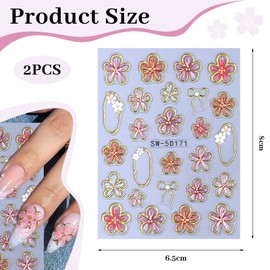 LunarCharm 2 Stück Blumen-Nagelkunst-Aufkleber, 5D-geprägte Blumen-Nagel-Aufkleber, rosa, fünfblättriges, goldenes Blumenkreis-Nagelkunst-Design, Fliege-Blumen
