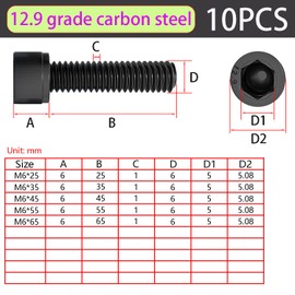 Qrity 10PCS M6x65mm Cylinder Hex Head Cap Screws, Screws Fasteners, Hexagonal Flat Head Machine Screws, Hex Socket Screw Bolt Black, Fully Thread