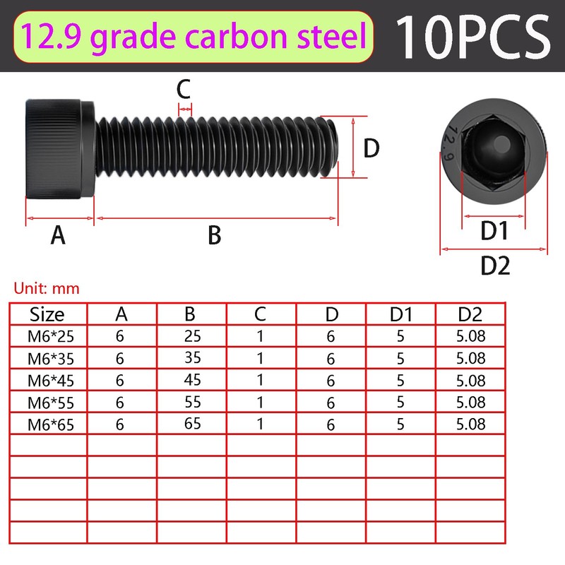 Qrity 10PCS M6x65mm Cylinder Hex Head Cap Screws, Screws Fasteners,