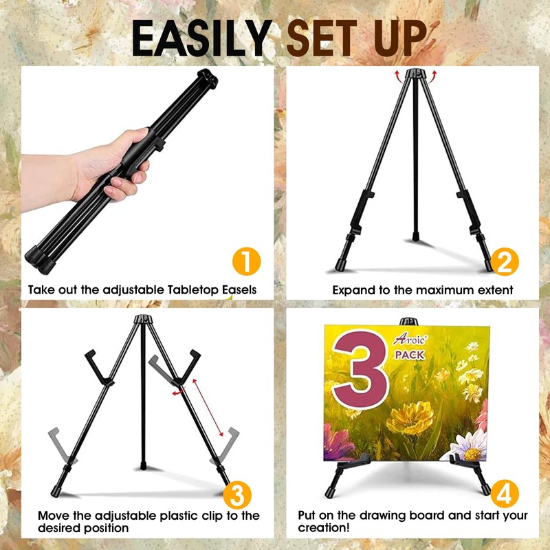 AROIC 3 Pack 14'' Tabletop Easels, Black Steel Table Top