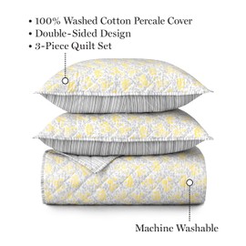 MARTHA STEWART Hailey Yellow Floral Queen Quilt Set - 3 Piece, 100% Cotton Bedspread, Cool, Crisp Percale Weave, Soft & Lightweight Quilt, 1 Summer Quilt, 2 Pillow Shams