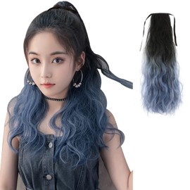Women's Bowknot Ponytail Wig Long Curly Hair Extensions Point Wig Wavy (Blue, 55cm)