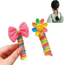 SUKPSY 2 PCS Rainbow Spiral Hair Ties for Children, Telephone Cord Plastic Hair Ties Elastic Hair Ties Sweet Cute Hair Ties Ponytail Holders Hair Coils for kids and Girls Headwear Hair Accessories