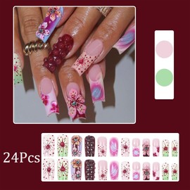 24Pcs Summer Flower Press on Nails Long Coffin Fake Nails Handmade French False Nails with 3D Relief Floral Design Acrylic Nails Colorful Flower Artificial Nails Water Ripple Texture Stick on Nails