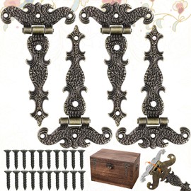 Mikqky Pack of 4 Cabinet Hinges Vintage, Antique Decorative Hasp, Antique Shed Door Hinges, Furniture Hinges, T-Strap Hinges, Suitable for Furniture, Doors, Cabinets (4.45 x 2.72 Inches)
