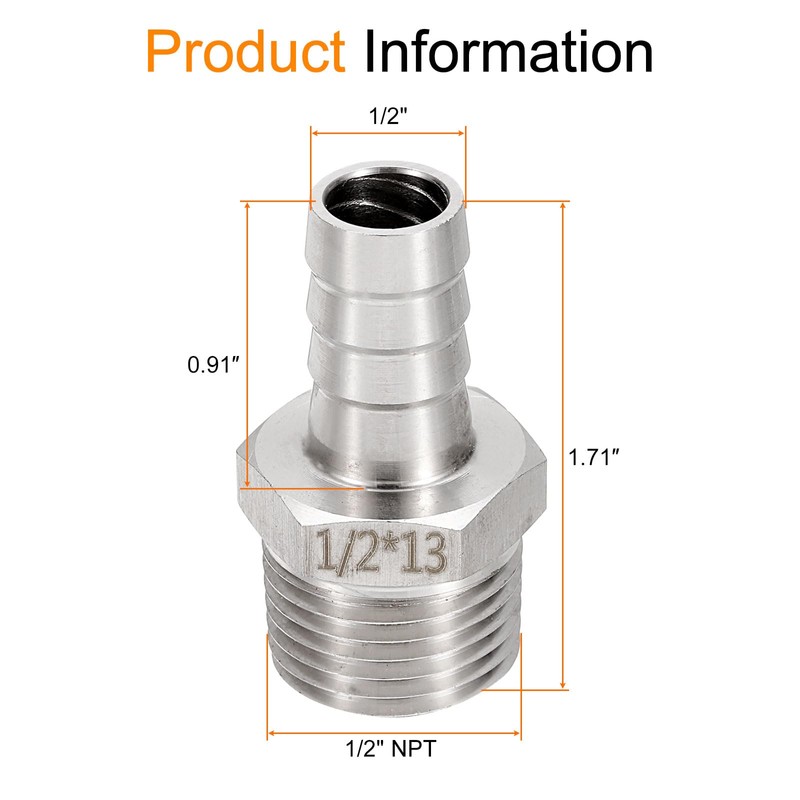 sourcing map 5pcs Stainless Steel Barbed Fitting 1/2" NPT Male