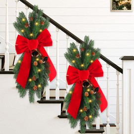 2 Pack Christmas Swags Cordless Prelit Stair Decorations Christmas Pine Teardrop Swag with Cone Bell and Red Bow Greenery Staircase Garland Wreath for Stairway Front Door Wall Window Home Decor