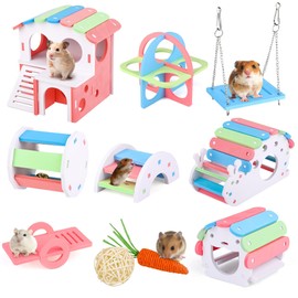 MCEAST 10 Pieces Fun Hamster Toys Set Include DIY Wooden Gerbil Hideout Hamster House Rainbow Bridge Seesaw Swing Roller Pet Exercise Chew Play Toys Guinea Pig Cage Accessories for Small Animals