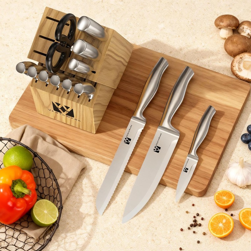 14-Piece Knife Set with Natural Wood Block, Stainless Steel Kitchen