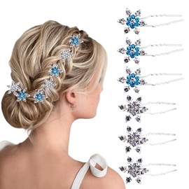 6 Pcs Christmas Hair Clips Snowflake Rhinestone Crystals Hair Accessories for Women Christmas Bridal Wedding U-Shape Hair Pins Hair Decor (Blue White)
