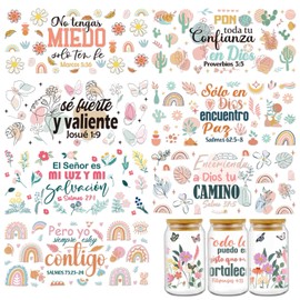 Rngmsi Bible Verse UV DTF Decals - 8 Sheets Spanish Inspirational UVDTF Wraps for 16 oz Glass Cups, Chrisitan Faith UV DTF Transfer Stickers, Waterproof Rub on Transfers for Water Bottle DIY Crafts